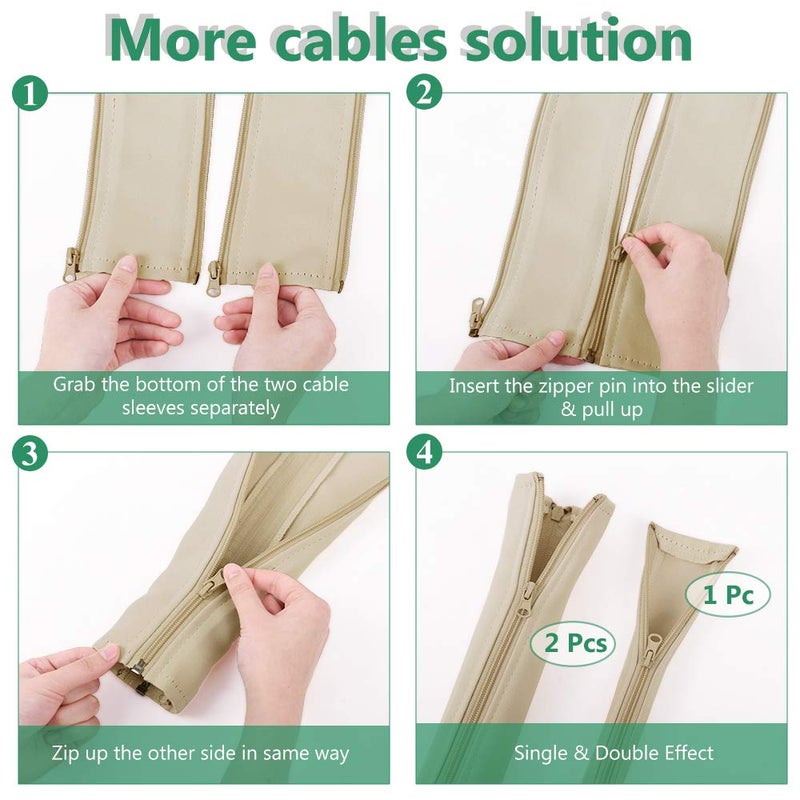 StangH Flexible Cable Management Sleeve with Zipper - Extendable Cord Organizer System Wrap Wire Cable Cover Sleeve Holder, Keep Home & Office Clean Safe Protector for TV/Media, Beige, 39 Inches, 2 Pcs - Image 4